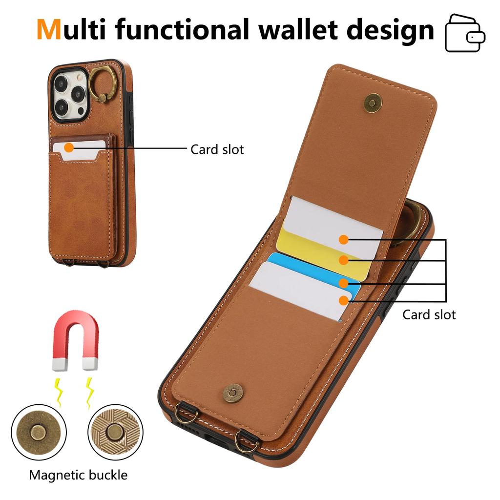 Vertical Cards Solt Ring Holder Leather Wallet Case For iPhone 15 16 Pro Max 14 Plus 13 12 11 XS XR SE2022 Stand Strap Bag Cover