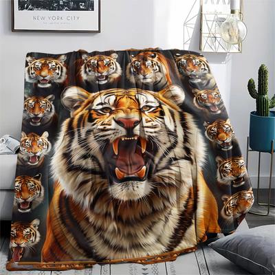 1Pc Vintage Tiger Print Flannel Blanket, High Quality Comfortable for All Seasons, Home Decor, Warmth and Comfort, Perfect for Christmas Gifts