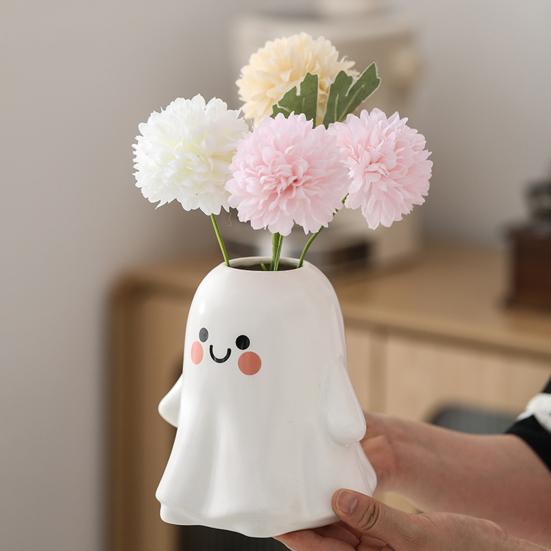 Ghost Shape Vase with Smile Face Pattern Ceramic Flower Planter Pot Nursery Room Bedroom Home White Decor