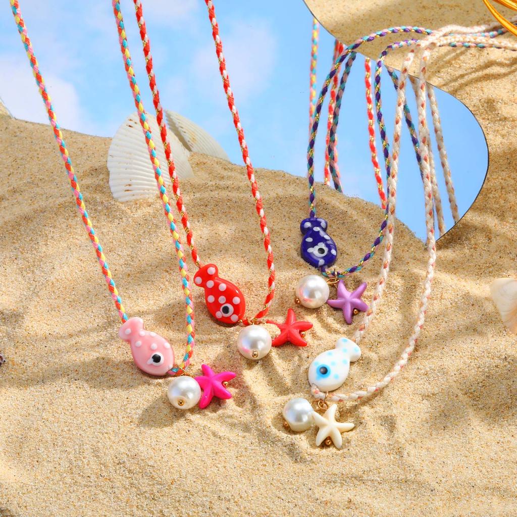 Colorful Boho Ceramic Fish Pendant Necklace for Women, Adjustable Woven Rope Choker Beaded Necklace, Summer Beach Party Jewelry