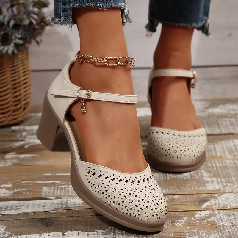 Retro Versatile Women's Sandals Open Toe Hollow out Mid Heel Mom Shoes Buckle Single Shoes Comfortable Rubber Sole Footwear