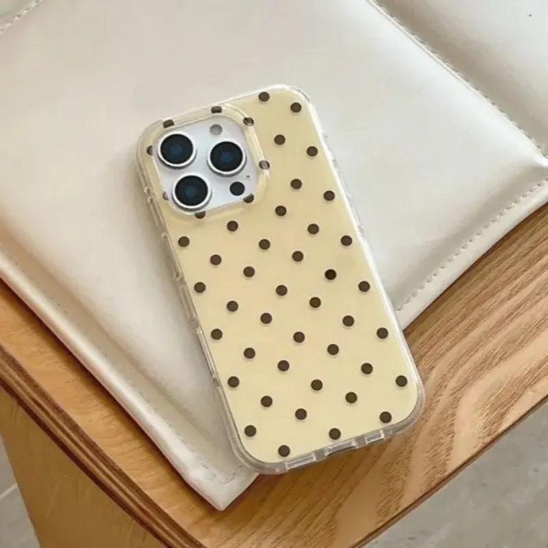 Modne Żółte Etui na Telefon z Brązowym Wzorem w Grochy Dla Dla Iphone 17 AIR 16 1 14 13 12 11 Pro MAX Plus Y2K Odporne na Wstrząsy Pokrowiec