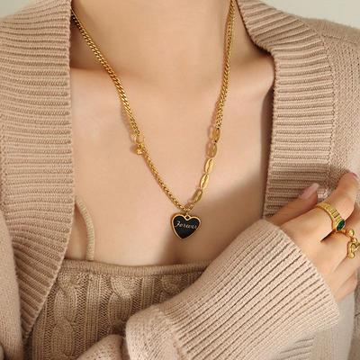 Chic Minimalist Women's Peach Heart Pendant Necklace: European & American Style, Sexy Layered Design with Drip Oil & Steel Beads