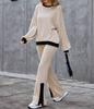 Women's Ribbed Knit Set Long Sleeve Top and Wide Leg Pants with Black Contrast Trim In Beige