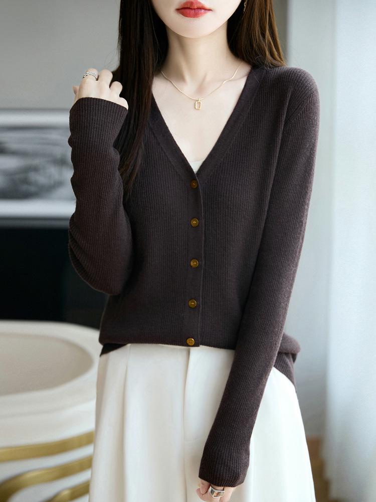 Women's Slim-Fit V-Neck Wool Cardigan, Petite-Friendly, Ribbed, Slimming, 100% Wool, Solid Color Sweater Coat