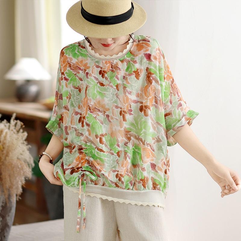 Short sleeve Oversized vintage floral Casual loose t shirt tops Women summer t-shirt