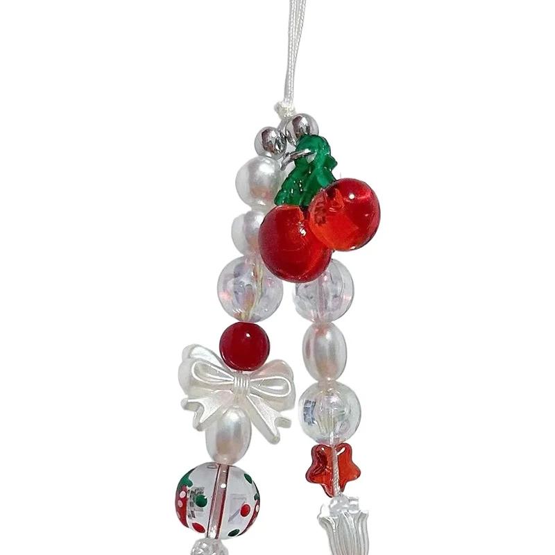 Korean Cute Red Cherry Bow Pearl Phone Chain Lanyard Charm Strap Wrist Bead Hanging Cord Bracelet Keychain For Cell Phone