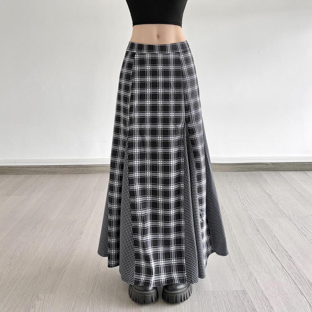 American Retro Patchwork Plaid Low-Waist Long Skirt for Women