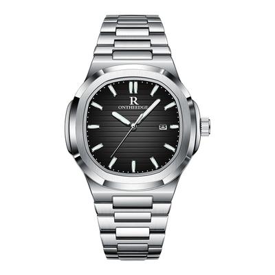 R ONTHEEDGE Heren Quartz Horloge, Nautilus Stijl, 3 ATM Waterdicht, Datumweergave, Lichtgevend, Roestvrij Staal, Zakelijk Formeel Sport Horloge, Zwart