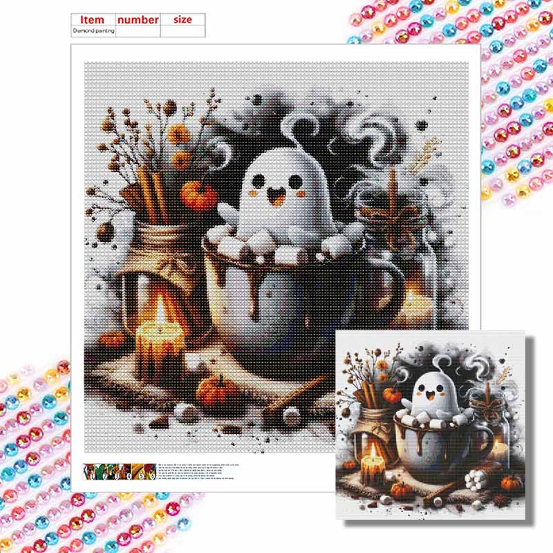 DIY Diamond Painting Canvas Cute Marshmallow Cocoa Cup Pattern 5D Rhinestone Art Kit for Home Wall Decor Crafting Round 20x20cm
