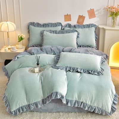 Conjunto de cuatro piezas de terciopelo de leche de color sólido Estilo Princesa, franela de coral de doble cara, sábanas de cubierta de edredón de encaje grueso de invierno