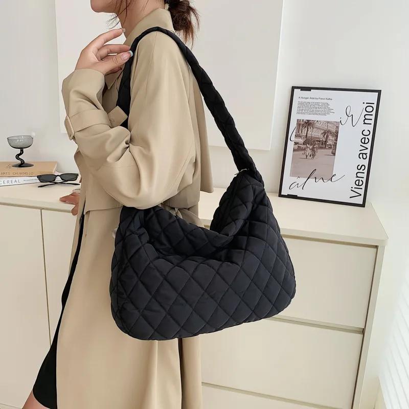 Winter Lingge Embroidery Shoulder Bag for Women Fashi Space Padded Cott Handbag Clutch Ladies Feather Down Big Tote Bags
