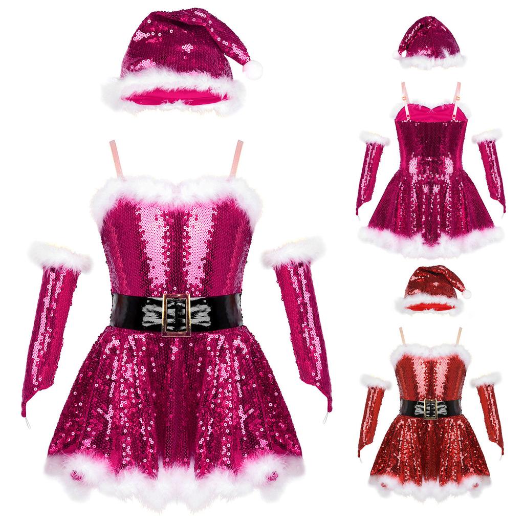 Girls Christmas Santa Dance Costume Adjustable Spaghetti Straps Sequins Leotard Dress Hat Arm Sleeves