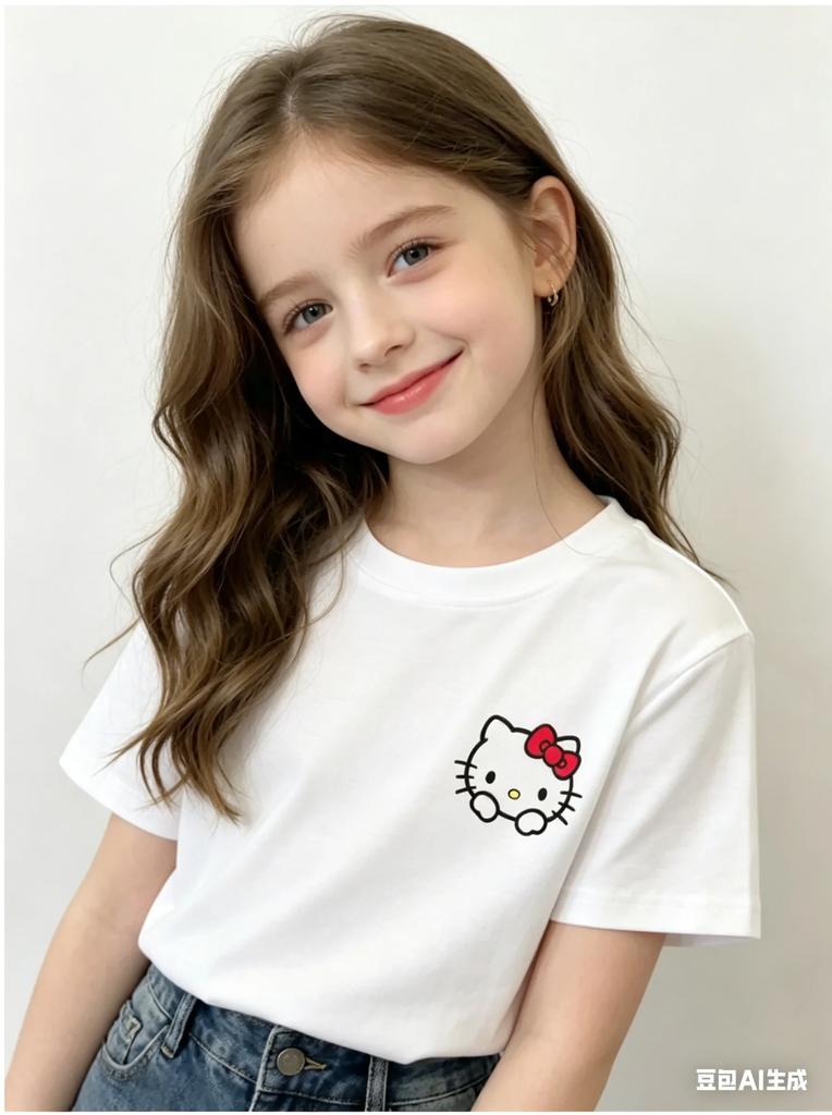 Hello Kitty Small Logo T Shirt for Adults and Kids Cute Sanrio Head Print Casual Short Sleeve Top for Family Matching Outfits