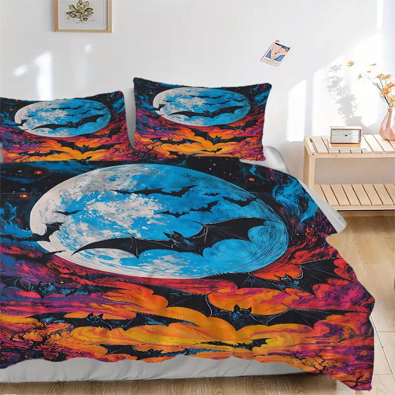 3pc Moonlit Bats Terrifying Cover Set - 1 Quilt Cover + 2 Pillowcases, All Seasons Bedroom Setting, Perfect for Home072