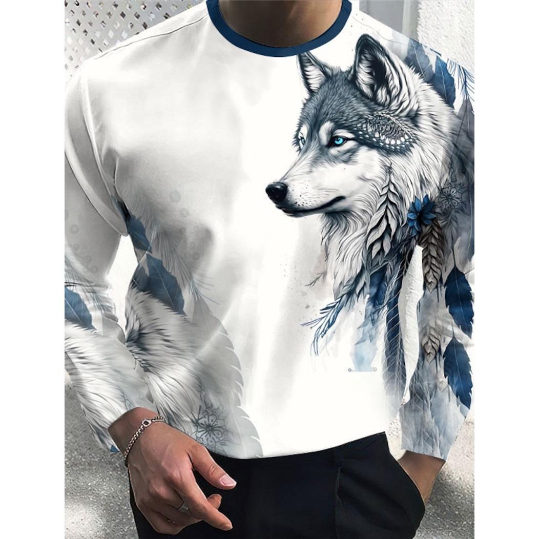

Весенне-осенняя футболка с круглым вырезом и 3D-принтом с животным волком, модная повседневная мужская футболка с длинным рукавом 5XL