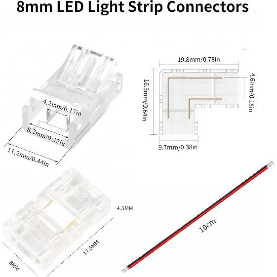2Pin Transparent Solderless 8mm COB LED Strip Connector Corner Kit,Strip To Wire 4P,Strip To Strip 12P,L-Shape 2P,Red and Black Wire 4P,for 5V 12V