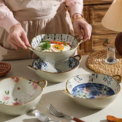 Ciotola Ceramica Irregolare Giapponese con Doppi Manici, Ciotola Servizio Zuppa Noodles Insalata Frutta per Tavola di Casa