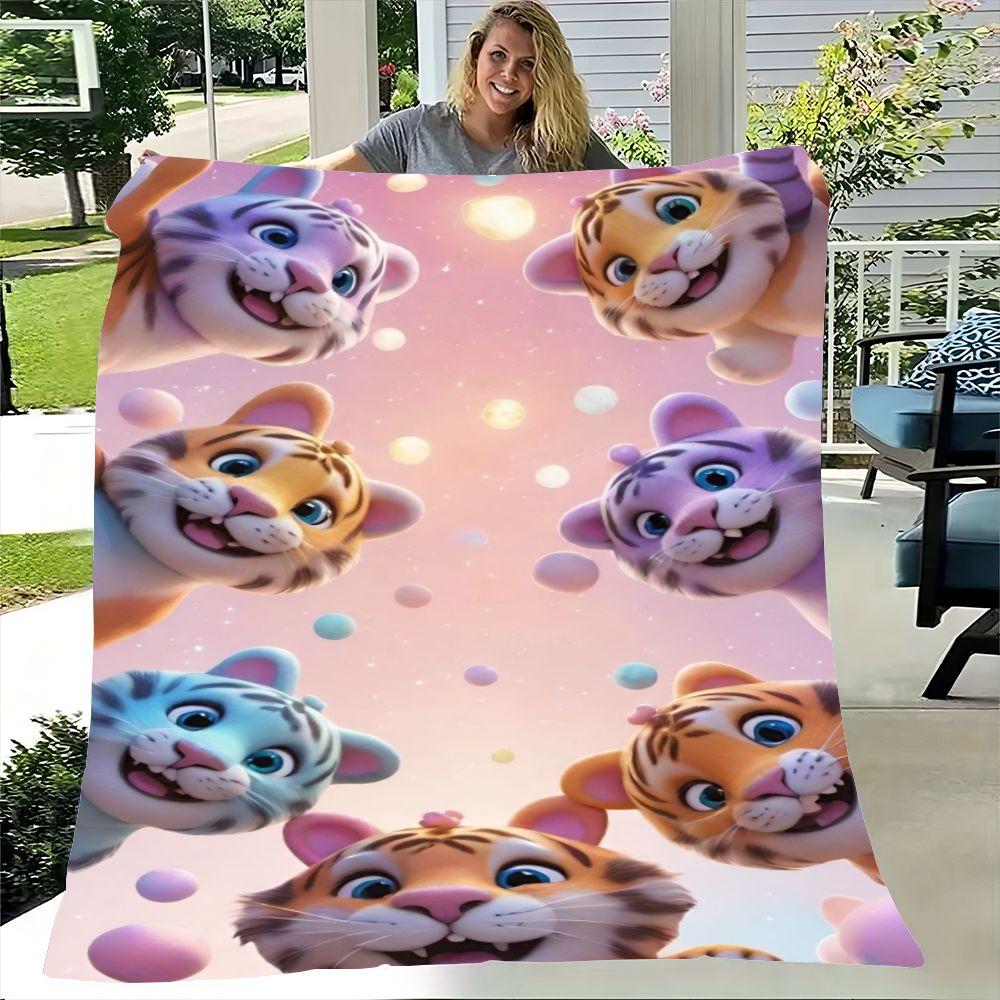 Cheerful Cartoon Tigers Pastel Blanket - Soft & Cozy Throw with Vibrant Playful Design of Six Cute Tigers - Ideal for Kids  Room Size: 75*100cm, Weight: 230 GSM