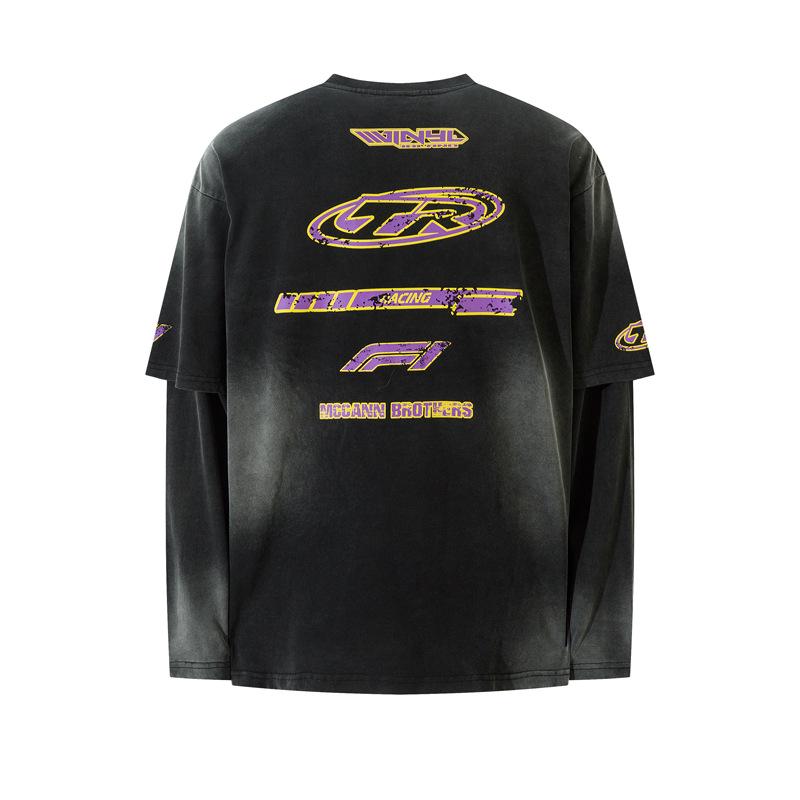 American Racing Retro Distressed Long Sleeve Tee - Hip Hop Streetwear with Cracked Letter Print and Fake Two-Piece Design