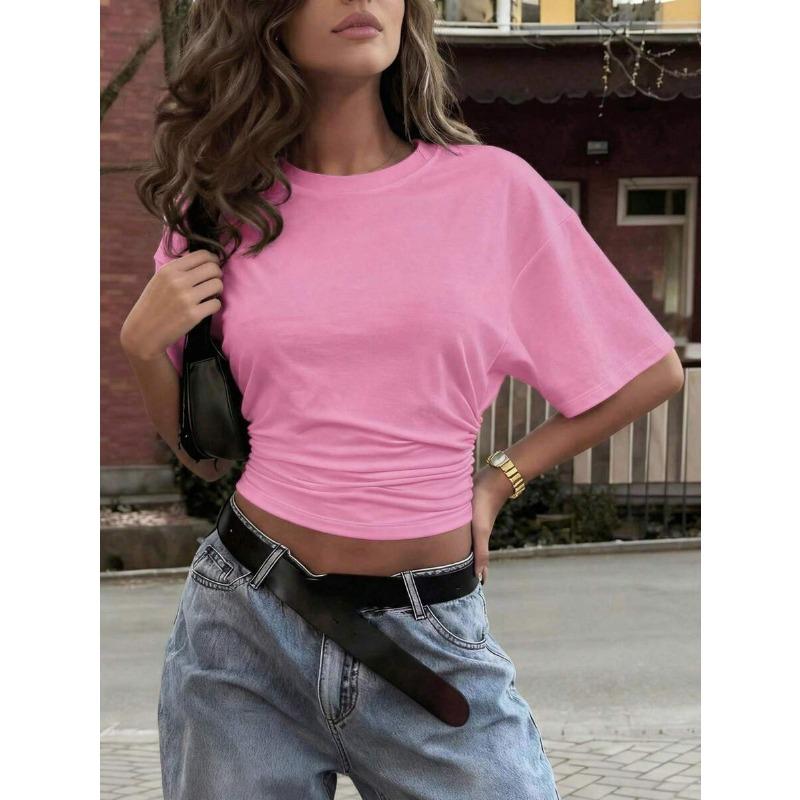 Summer Pleated Solid-color Round-neck Fitted Crop-top Slim-fit Short-sleeve Women's Dress