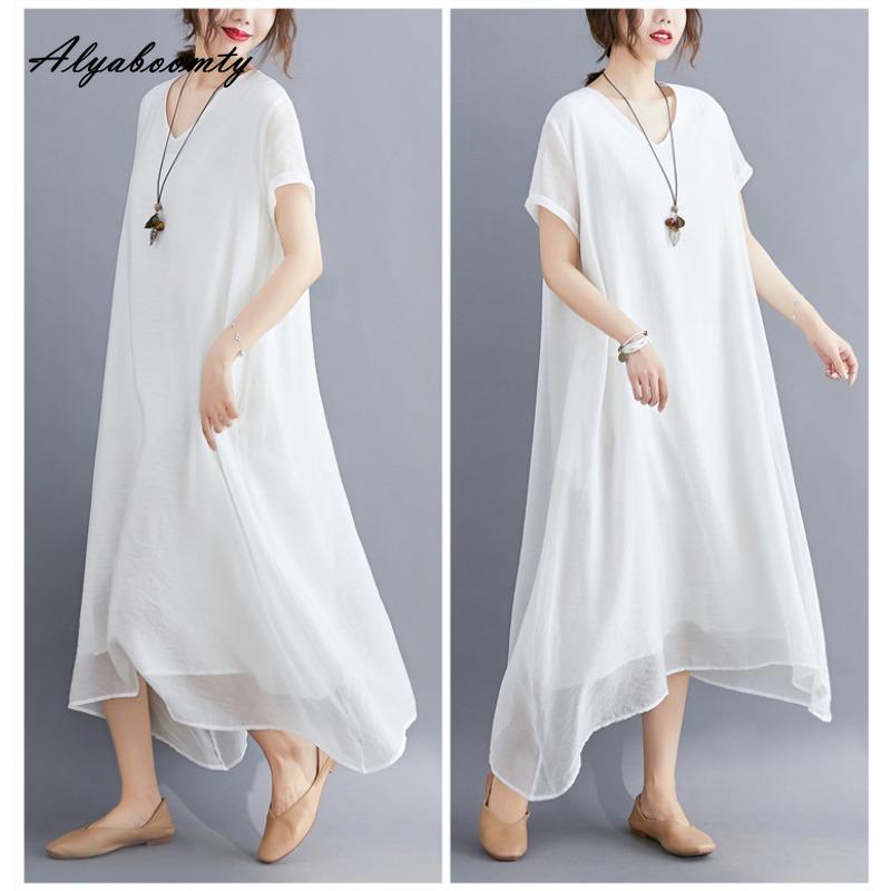Korean Style Plus Size Summer Women Midi Dress V Neck Black White Pink Blue Yellow Orange Loose Dress Short Sleeve Casual Basic Ladies' Dress