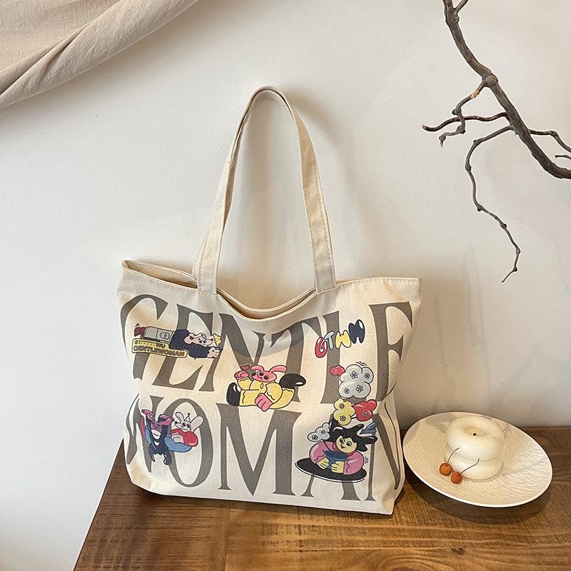 Women's Large Capacity Canvas Tote Bag with Hot Stamping - Casual Shoulder Bag for Students