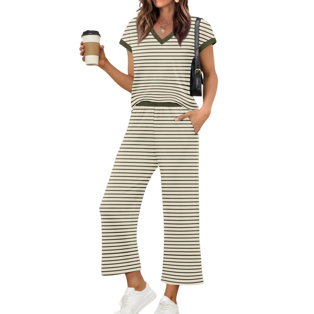 Completo da Donna Due Pezzi Casual Loungewear Top Scollo a V Manica Corta con Pantaloni a Gamba Larga a Righe Vestibilità Rilassata Tessuto Morbido per Viaggio e Casa