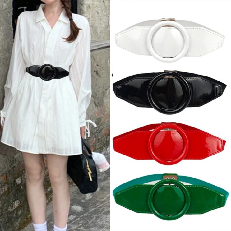 Elegant Elastic Waist Belt For Women Round Buckle PU Waistband For Everyday Wear Casual Outfit All Matching Waist Decors