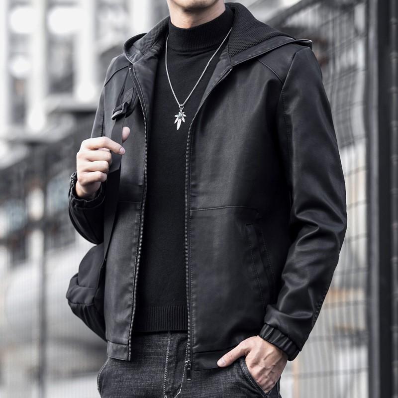 Mens Black Faux Leather Hooded Jacket Slim Fit Casual Biker Style Youth
