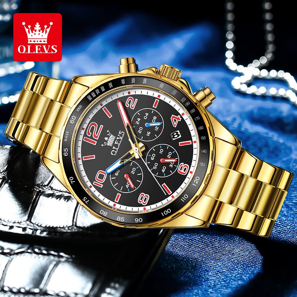 OLEVS TY714 Mens Watch Classic Fashion Original Quartz Chronograph Wristwatch Waterproof Stainless Steel Luminous Date With Box