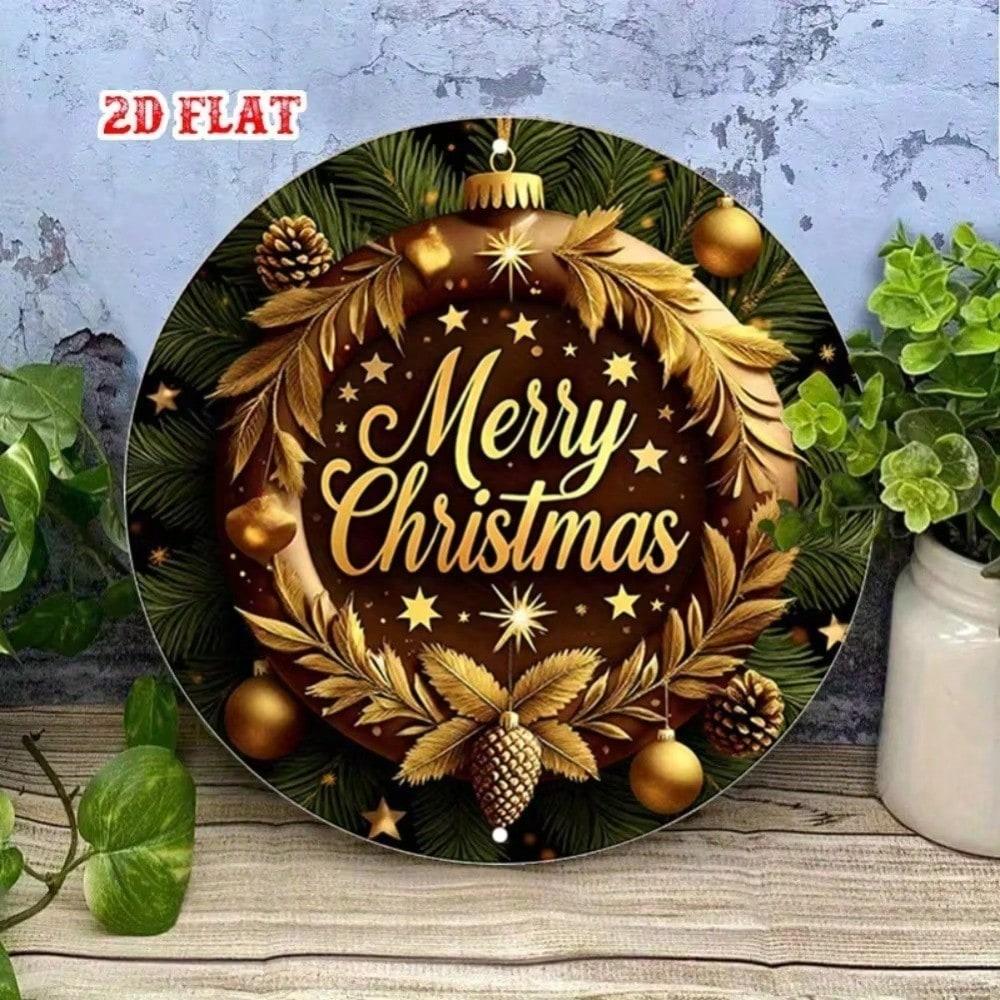 Golden Metal Christmas Wreath Rustic Wall Decor Holiday Sign Indoor Outdoor Hanging Home Door For Xmas Party