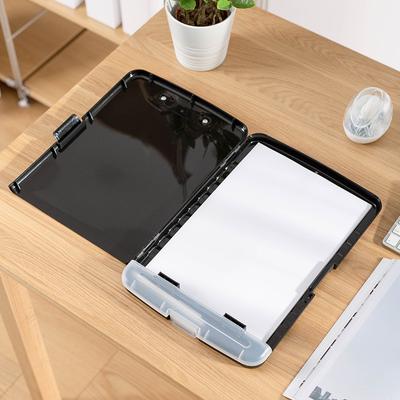 Caixa de arquivo multifuncional A4 com slot para caneta, caixa de armazenamento de arquivo de mesa transparente, clipe de placa, quadro de escrita de plástico