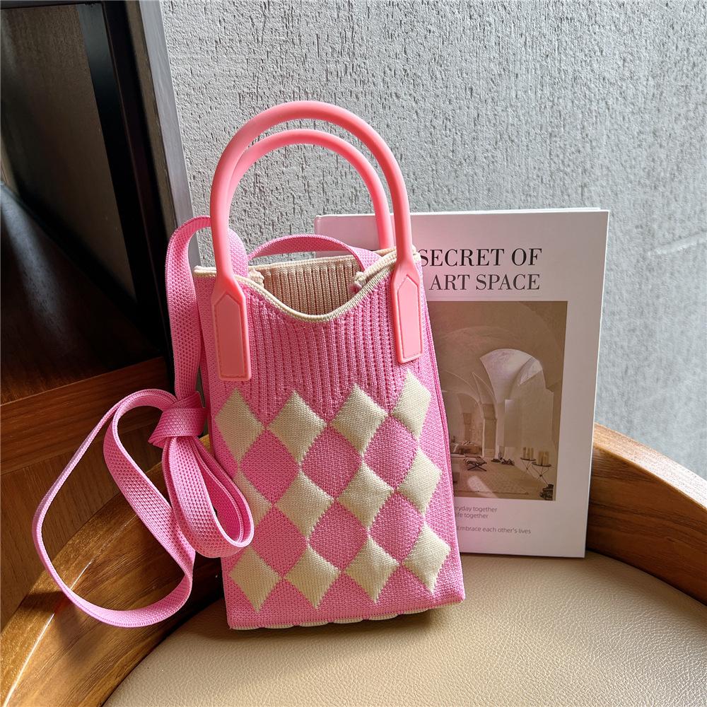 Plaid Cartoon Women's Crossbody Mini Bag: Cute, Lightweight, Knitted Phone Holder for Parent-Child Matching (2024)