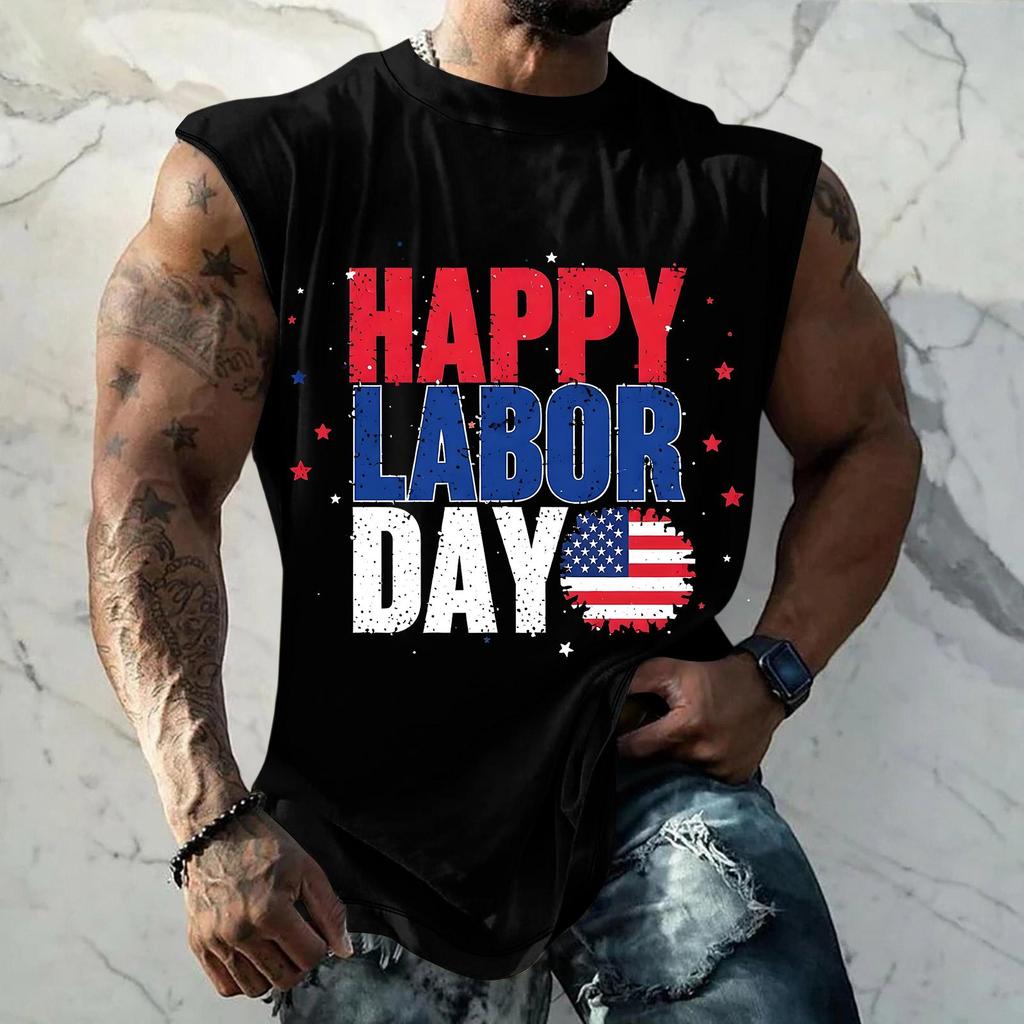 Men's Sleeveless Muscle Tank Top Casual Loose Fit Athletic Workout Shirt with Labor Day Graphic Print for Summer Outdoor Activities