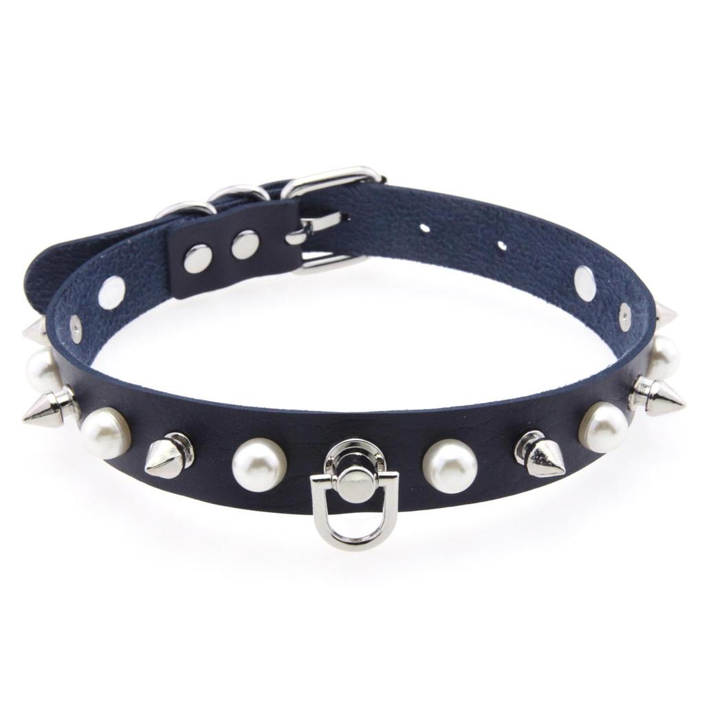 Alloy Spike D-ring Choker, Faux Pearl Rivet D Buckle Leather Clavicle Necklace