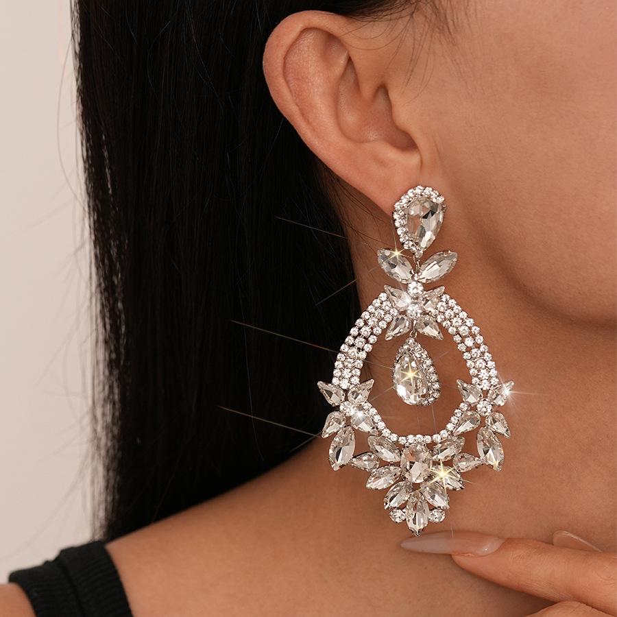 Super flash diamond-set flower water drop silver needle earrings personality exaggerated temperament ins earrings