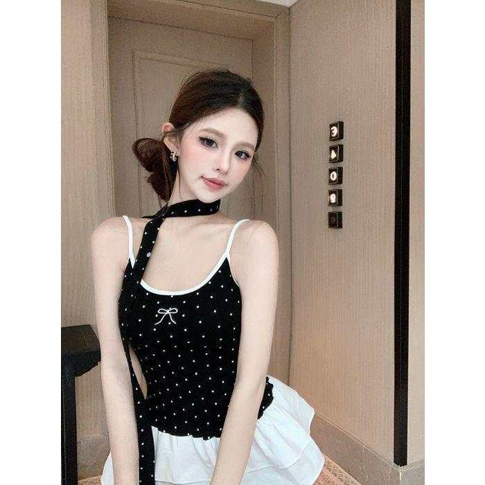 Red Polka Dot Spaghetti Strap Ruffle Top with Bow - 2026 Summer Collection for Women Large чёрный