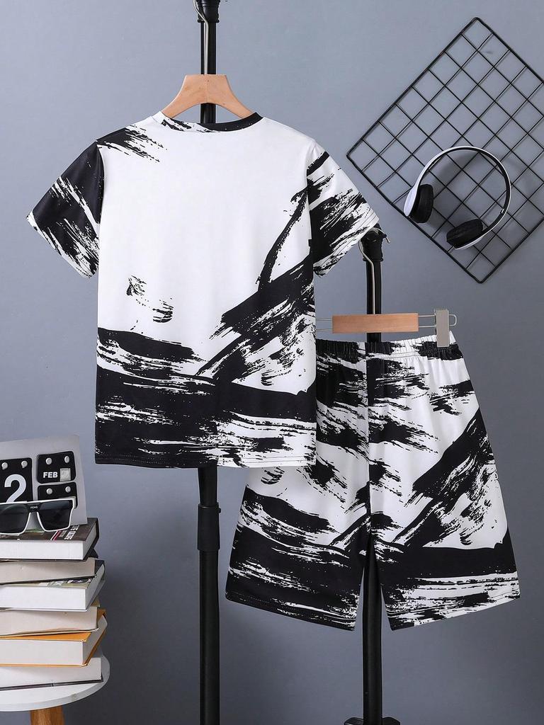 2-delige set voor jongens (Grote kinderen) - Trendy en Coole Graffiti/Inkt Schilderij Print - Eenvoudige en Casual Korte Mouw Top en Short Set voor Lente/Zomer.