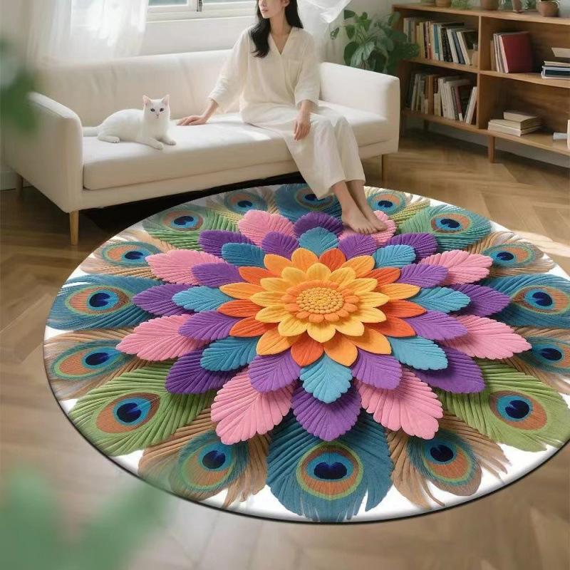 3D Visual Floral Circular Floor Mat, Crystal Velvet Printed Carpet, Home Decoration Living Room Anti-slip and Easy-to-maintain Carpet