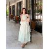 Summer Korean New Pure Green Vacation Dress, Thin Flower Lace Splicing Neck Dress, Long Dress