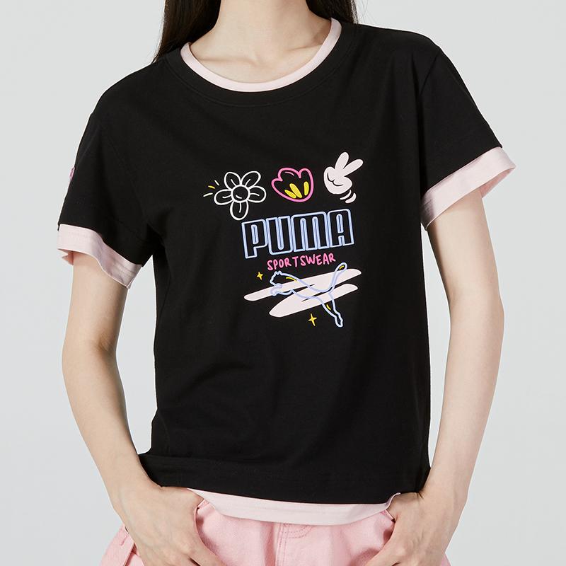 Puma Fashion 2-Fer Tee Sports Logo Floral Casual Round Neck Short Sleeve T-Shirt Women Tops Black 537515-01