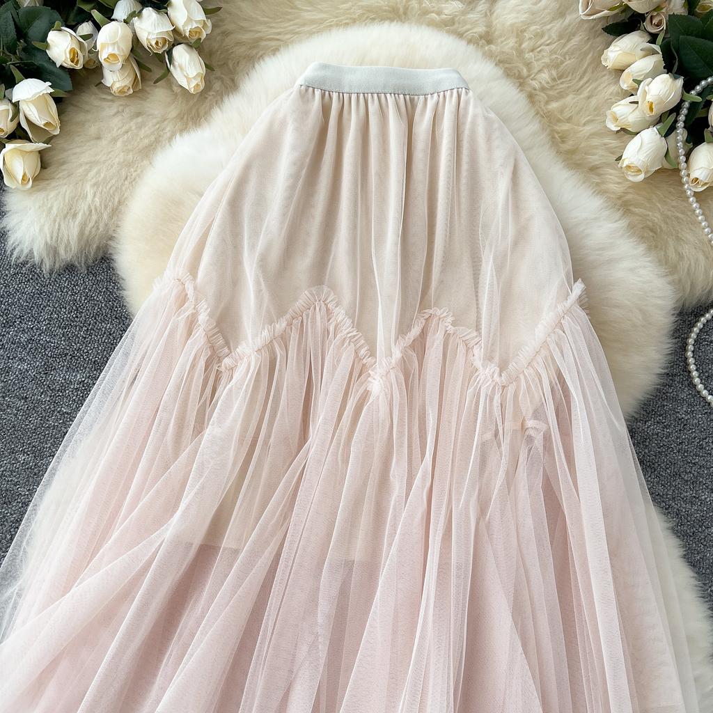 Summer Women Sweet Mesh Patchwork High Waist Long Midi Skirt