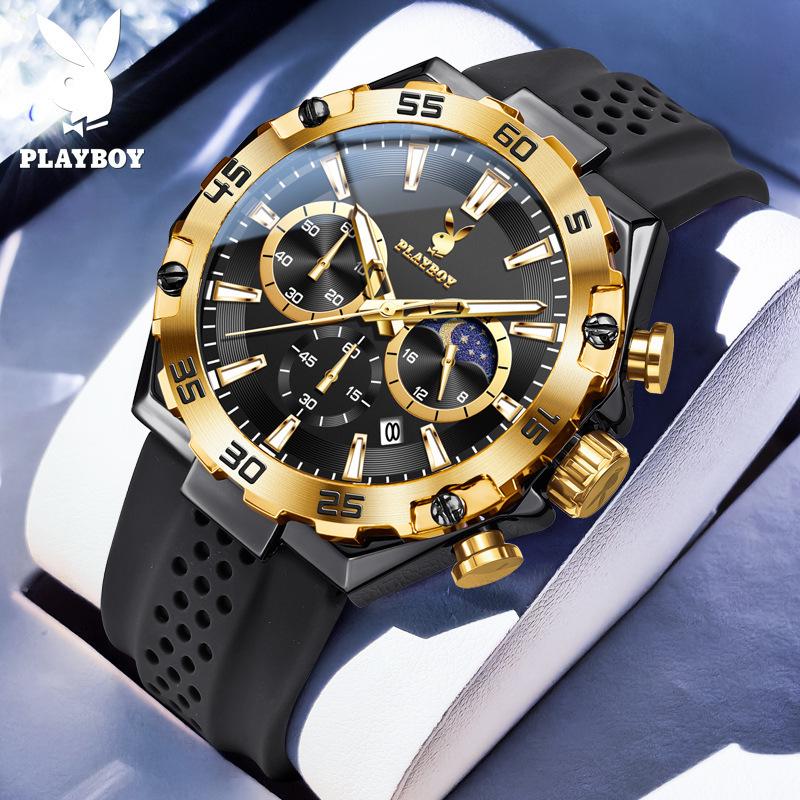 Playboy Men's Multi-Function Waterproof Sports Watch with Large Dial and Three Eye Design.