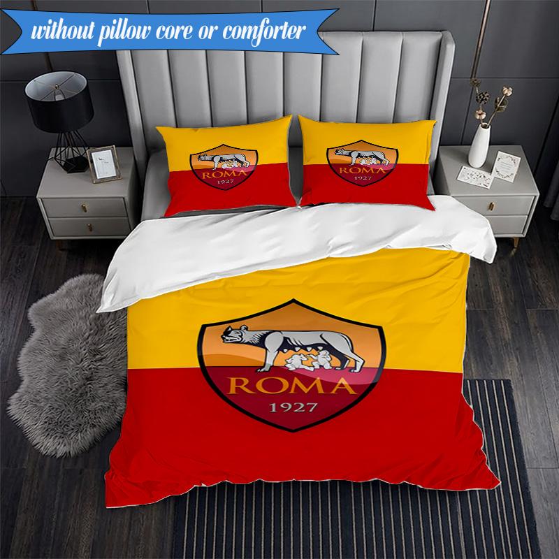 3PCS AS Roma1 Football club Printed Soft Bedding Set,Including 1pc Duvet Cover And 2pcs Pillowcases Perfect for Bedroom, Dormitory, Fan gift