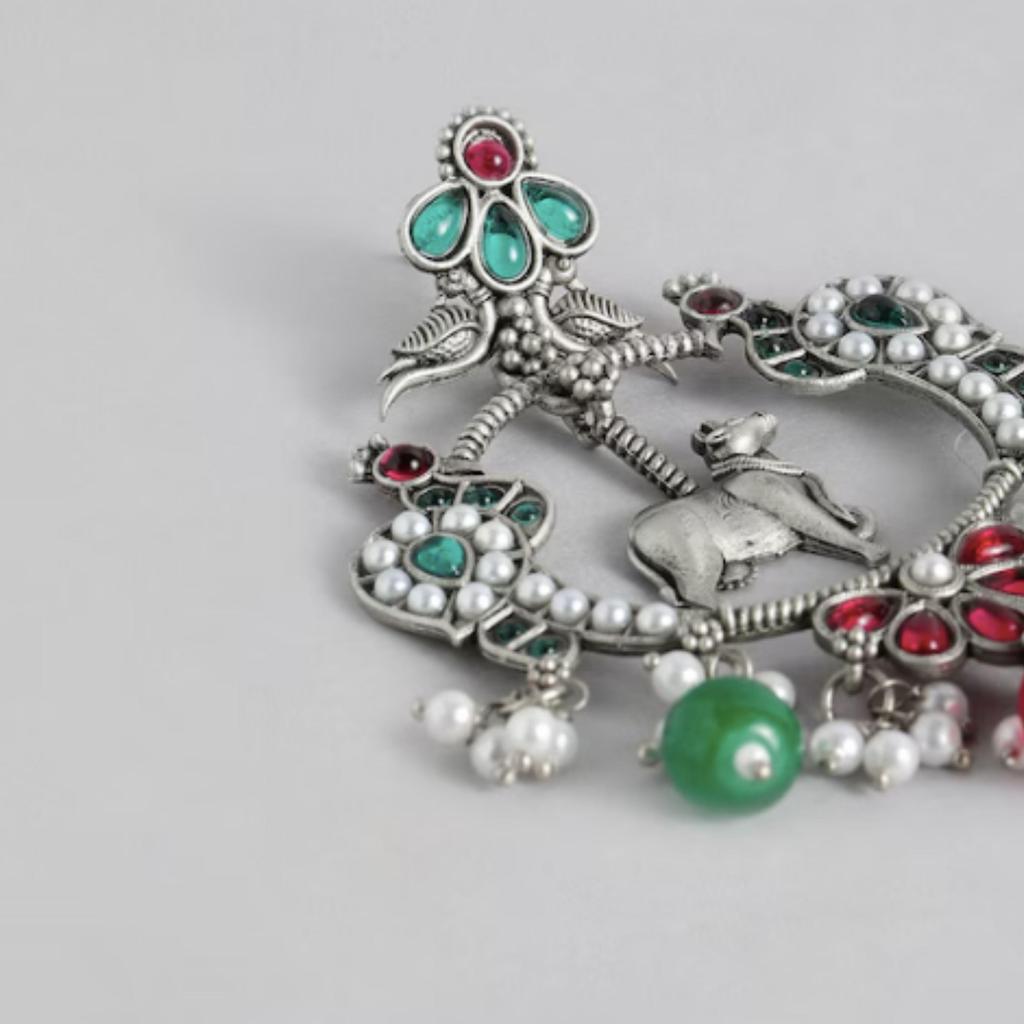 Oxidised Silver Polish Earrings, Silver Pearl Jewelry, Handmade Earring, Women Fashion Earrings