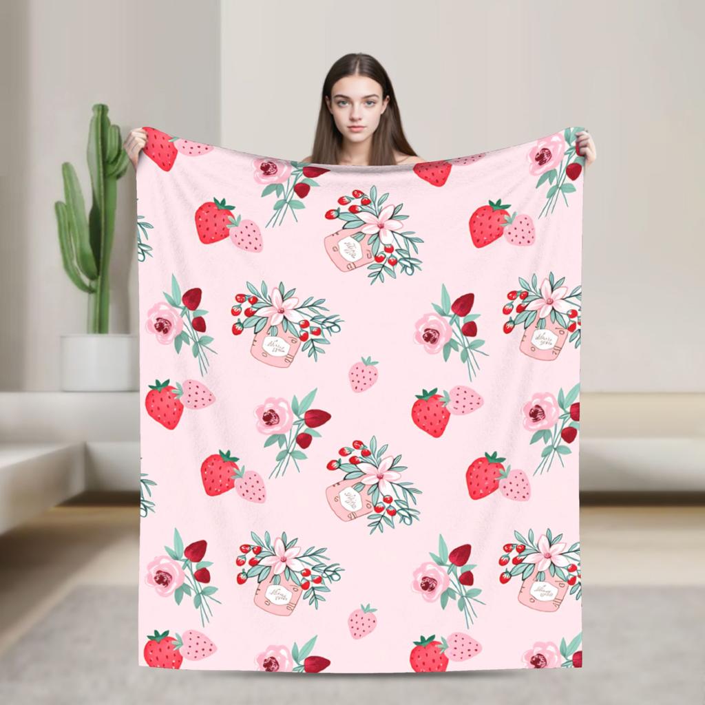 Pink Strawberry Print Flannel Blanket  Warm Soft Throw Blanket for Bedroom Camping Street Trend Bedspread Sofa Bed Cover