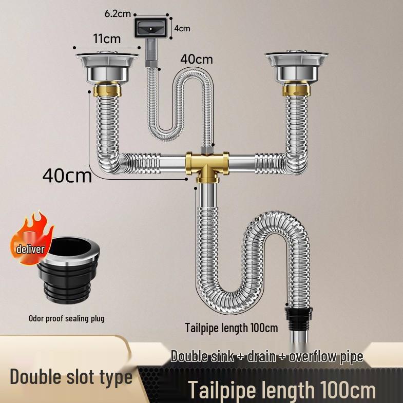 Stainless Steel Double Bowl Kitchen Sink Drain Pipe Set with Anti-odor Feature