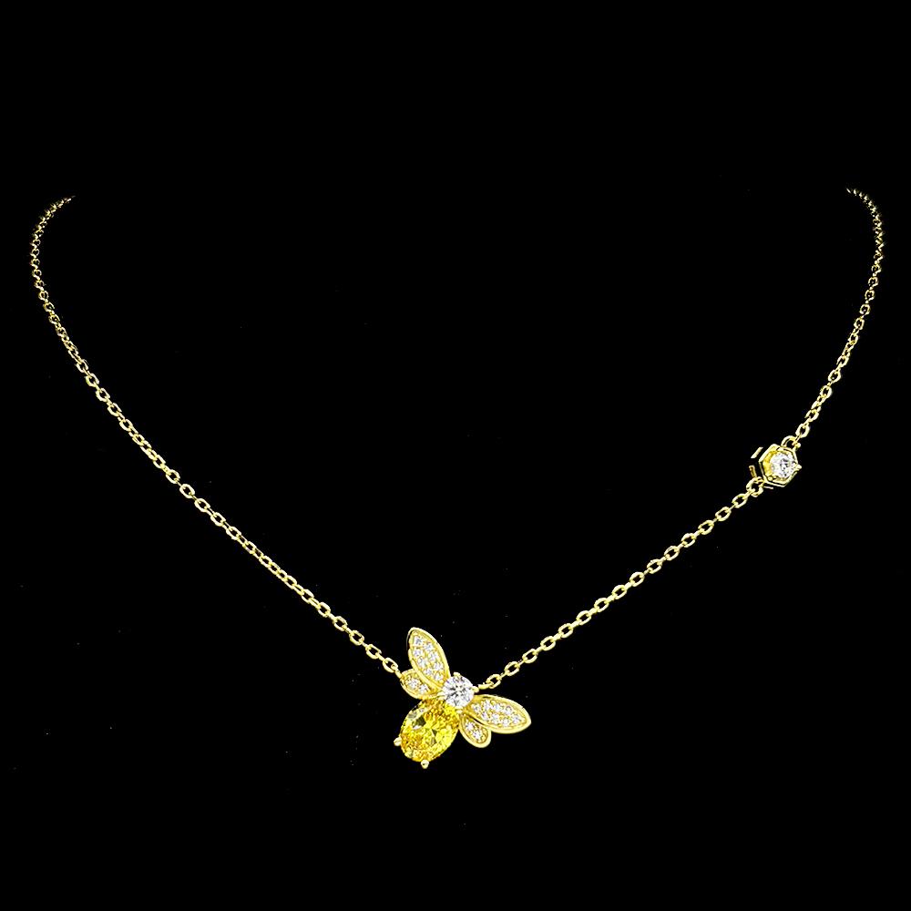 925 Sterling Silver Bee Yellow Full Zircons Pendant Necklace for Women Girl Gold Color Charms Choker Chain Statement Jewelry