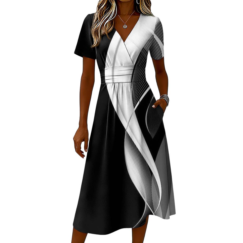 Damen-Kleid mit Blumenmuster, lässig und modisch, kurzärmelig, V-Ausschnitt